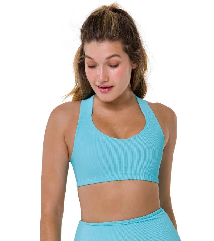 Onzie Half Moon Yoga Sports Bra Cyan Rib