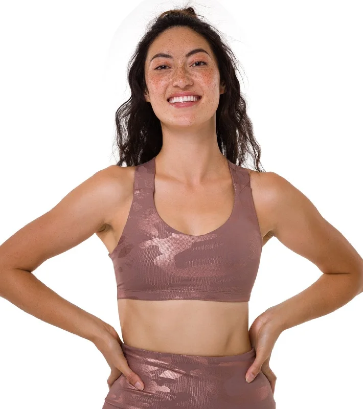 Onzie Half Moon Yoga Sports Bra Rosegold Camo Foil